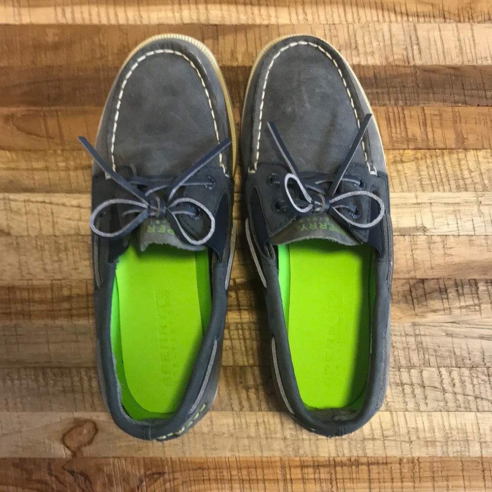 Sperry Gray Leather Boat Shoes with Neon Green Insoles